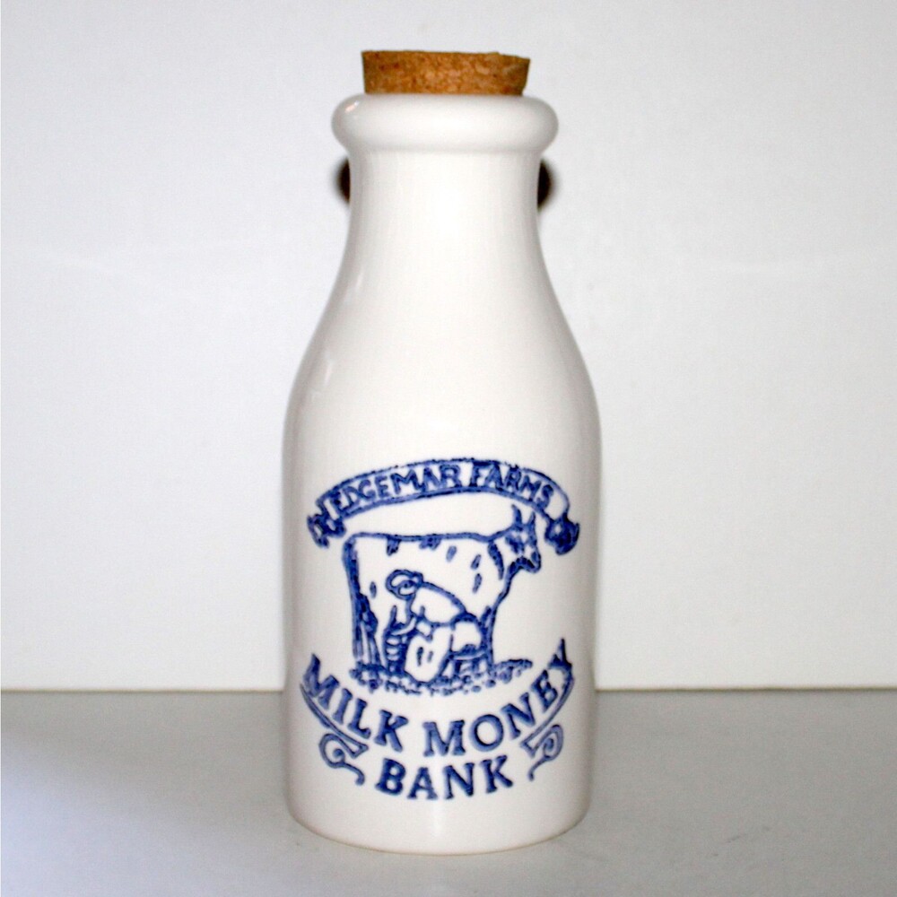 Milk Bottle coin bank Edgemar Farms ceramic farmhouse decor white blue kitchen